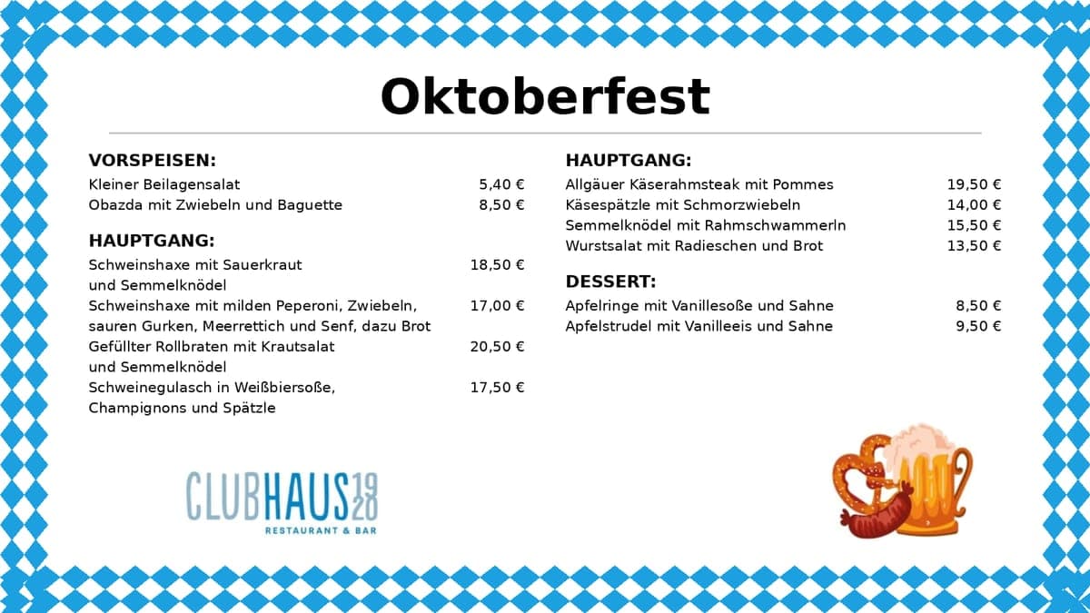 Oktoberfest-Speisekarte des Clubhaus 1920 in weiß-blauem Rautendesign mit Brezel, Bier und Wurst